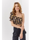 Crop top floral asimetric, negru si galben 020520 - Magazin online - Boutique